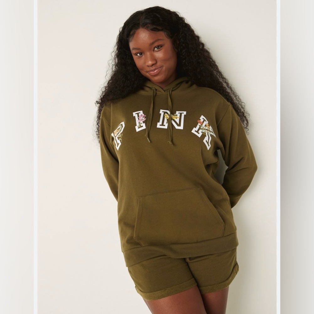 VS Pink Green Floral Campus Pullover Hoodie Large